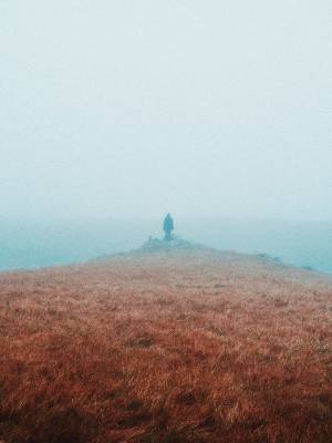 person standing in fog